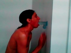 Petite Tgirl Sucks Wall Mount Dildo Lovingly