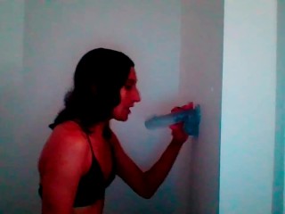 Petite Tgirl Sucks Wall Mount Dildo Lovingly #2