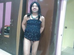 Sexy sissy crossdresser femboy in long nighty showing her little dick and badass.