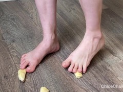 I crush the banana loudly with my feet and scream in ecstasy