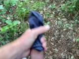A man jerks off in public in the park. Cumming a lot of cum. THE WHOLE DICK IS COVERED IN CUM