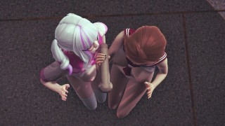 Duas alunas masturbando um colega de classe