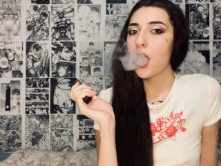 solo female, brunette, webcam, smoking