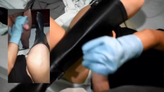 Mistress milking the slave´s cock on her wellies boots with her rubber latex blue gloves BIG CUMSHOT