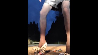 Female dress, empty can, stomping, crush fetish, leather shorts, night, outdoors, Japanese femboy