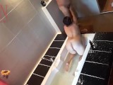 Peep. Voyeur. Housewife washes in the shower with soap, shaves her pussy in the bath. 1 2