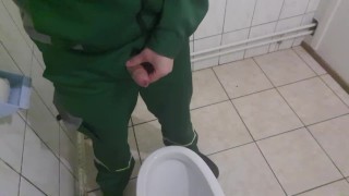 factory worker pissing and jerking off in the toilet