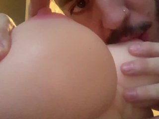 fake tits, licking, solo male, boobs sucking