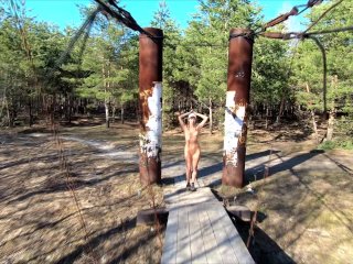 Naked Girl Walking in theSpring Forest and_Bridge