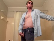 Preview 2 of Stroking my Dick and Having an Orgasm with My Testicles Squeezed Through the Fly of My Blue Pants