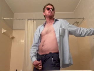 Stroking my Dick and having an Orgasm with my Testicles Squeezed through the Fly of my Blue Pants