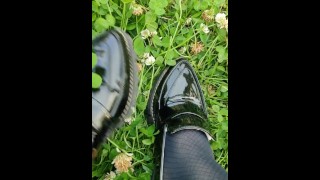 Transvestite White clover, plants, weeds, loafers, flowers, leather shoes, stomping, crush fetish, J