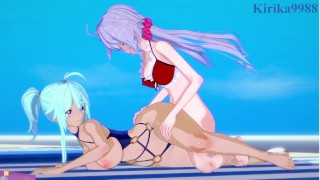 Cagliostro and Chris Yukine have intense futanari sex on the beach. - Symphogear Hentai