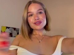 Gorgeous blonde strips and touches her body