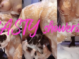 shaved pussy, huge dildo, vertical video, milf shower