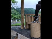 Preview 3 of Female Outdoors, Leather Skirt, High Heels, Masturbation, Beautiful Legs, Leg Fetish, Black Pantyhos