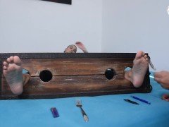 Video Locked up in stocks and tickled + foot worshiped (tickling, feet in stocks, tickling torture, soles)