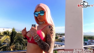 Pink hair techno latina fucked outdoor from german POV guy