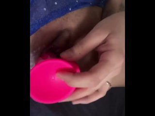 cumming on toy, pink dildo, big dildo, hot milf masturbates