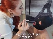 Preview 4 of Sexy red head Mistress Aya Queen IL humiliates her human ashtray while smoking