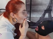 Preview 5 of Sexy red head Mistress Aya Queen IL humiliates her human ashtray while smoking