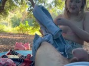 Preview 2 of Petite blonde teen sucks cock on outdoor picnic