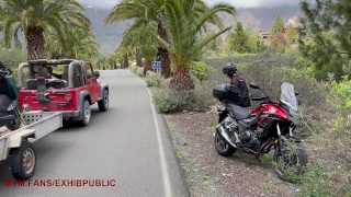 Motorcycle pose, orgasm outdoors by the roadside