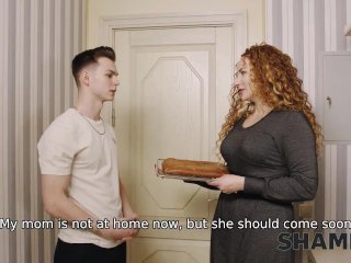SHAME4K. Big-tittied MILF with long red hair pussy-fucked in the kitchen