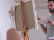 Preview 3 of Brunette Teen Model Irina Cage Rides Painter's Brush with Her Wet and Shaved Pussy