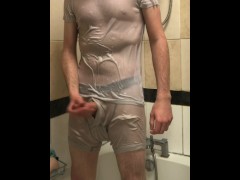 Wet t-shirt and boxers wank