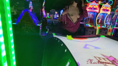 Sexy Wife Plays Air Hockey with Tits Out and Bouncing