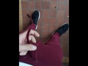Preview 1 of Sexy guy in sweatpants cums hard in the entrance. Jerk off in elevator