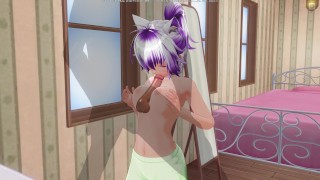 3D HENTAI Girlfriend in green pajamas rubs cock with boobs and sucks it