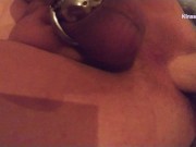 Preview 5 of Sissy in Chastity fucked by Machine and dripping PreCum