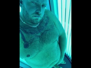 Hairy Tattooed Daddy with Big Cock Cums on the Sunbeds