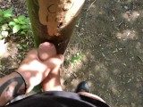 Cumshot on 'cum here' tree , showing cum close up and piss at a cruising area