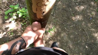 Ejaculation sur 'cum ici' arbre, montrant le sperme de près et pisse dans une zone de croisière