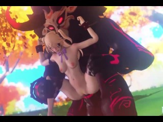 Genshin Impact's Fischl Fucked by Walking Mitachurl on a Harness Restraint Toy - Bondage Carry Fuck