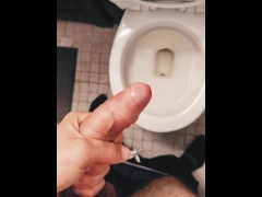 Jerking off uncut cock after pissing 