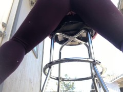 Squirting pee while humping my pussy and grinding my clit on a barstool outside in ripped leggings