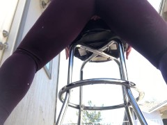 Squirting pee while humping my pussy and grinding my clit on a barstool outside in ripped leggings