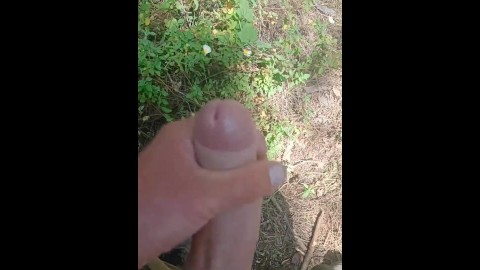 close up big dick wanking in the woods