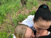 Preview 3 of Two Girlfriends Suck Cock in the Woods - Threesome Outdoor Blowjob - Public POV