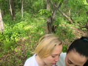 Preview 4 of Two Girlfriends Suck Cock in the Woods - Threesome Outdoor Blowjob - Public POV