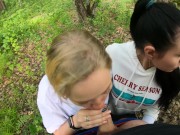 Preview 5 of Two Girlfriends Suck Cock in the Woods - Threesome Outdoor Blowjob - Public POV