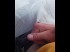 Horny young camper satisfies morning wood in a tent and cums on himself