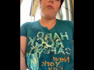 Girl in t-shirt smokes outdoors and play sexy . Excited, shemasturbates at_home!