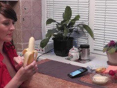 Video Beautiful Milf in kitchen eats sweet fruits masturbates wet pussy gets strong orgasm cunt. Squirt