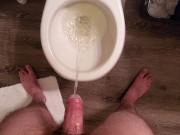Preview 4 of Long and Powerful Hands Free Piss Shooting From Shiny Lubed Up Cock