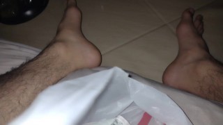 I was trying to cumshot in the bag but i miss and cum in my legs and feet 